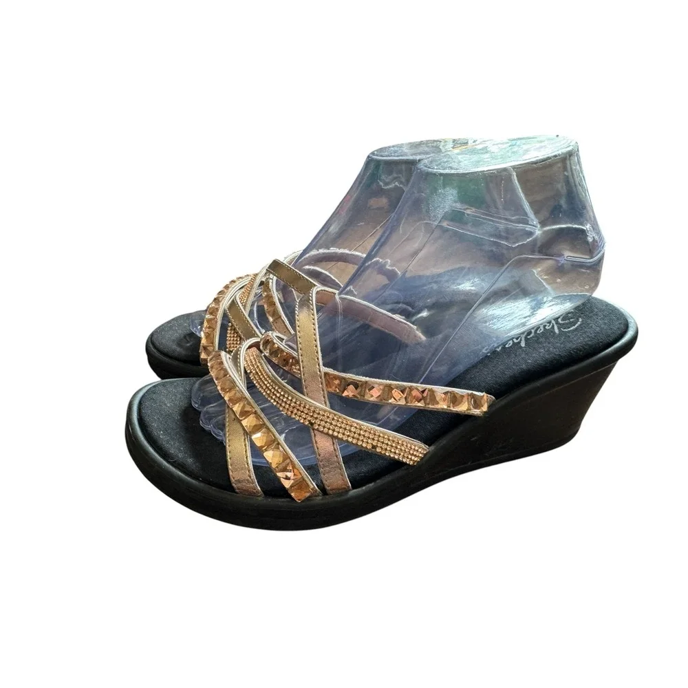 Skechers Wedge Sandals Womens 9 Rose Gold Excellent Rhinestone Strappy Slide